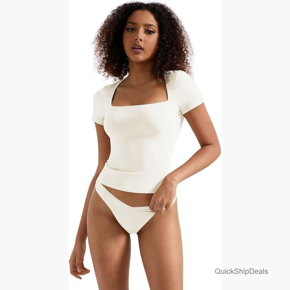 Double Lined Fitted Basic Tee Square Neck Short S… - image 1